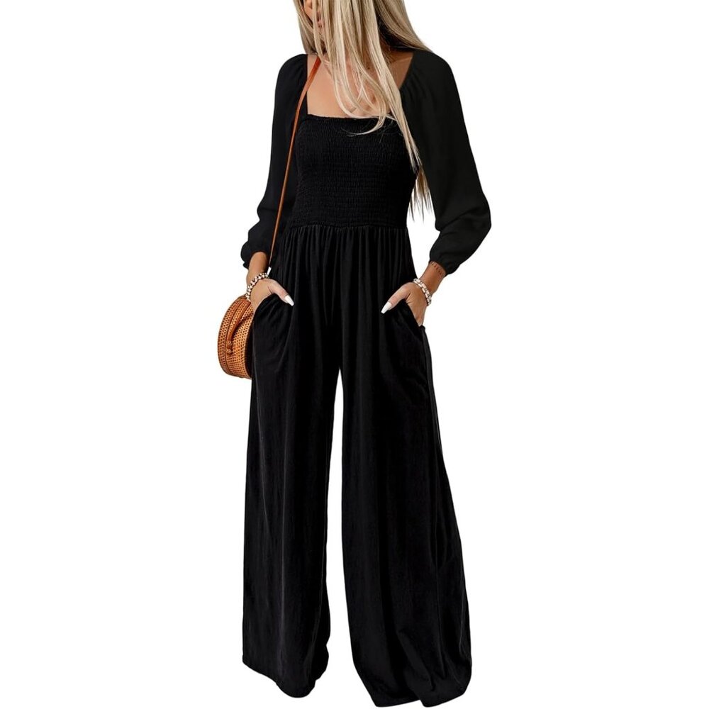 Women Black One Piece Long Sleeve Wide Leg Long Pant Rompers With Pockets